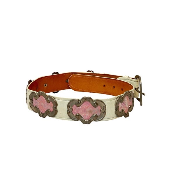 Unbranded Accessories - Vintage Western Leather Belt Womens 24-28 White Pink Medallion Wide Boho Silver
